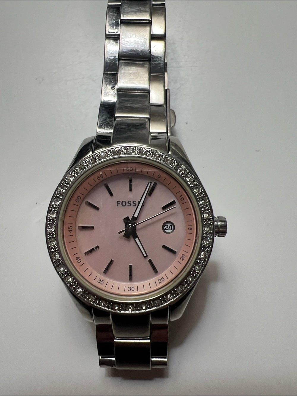 Fossil Women's Silver Watch with Pink Dial and Crystal Bezel